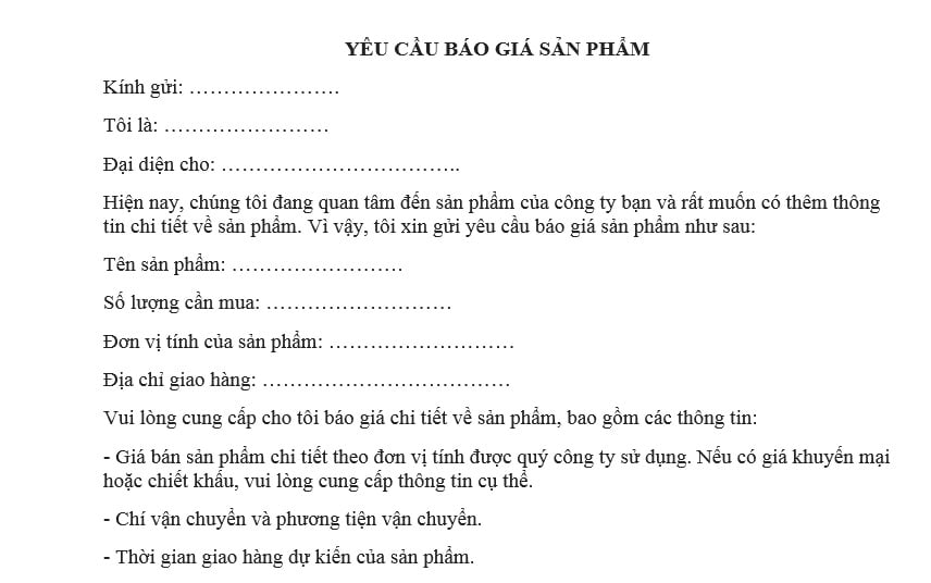 Mẫu yêu cầu báo giá sản phẩm, dịch vụ theo đúng luật
