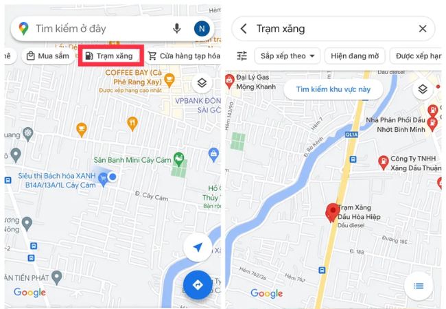 Ứng dụng điện thoại hiển thị danh sách trạm xăng gần nhất theo định vị GPS.